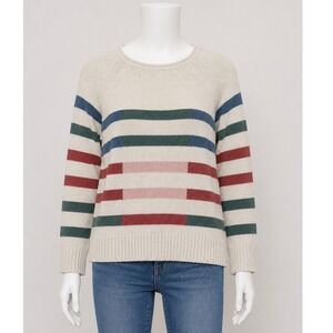 LL Bean Womens Large Coastal Striped Fisherman Sweater Cream Nautical Vintage